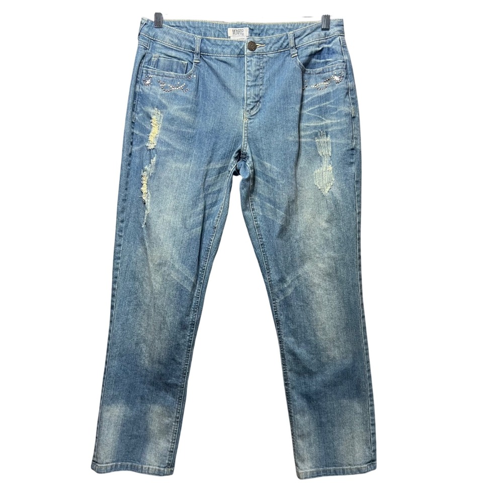 Monroe and Main Distressed Denim Jeans Embellished Pockets Light Wash‎ Size 12